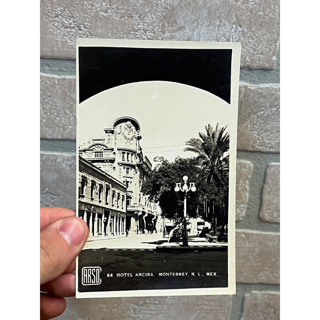 Hotel Ancira & Streetview, Plaza Lamppost, Palm Trees, Monterrey Mexico RPPC