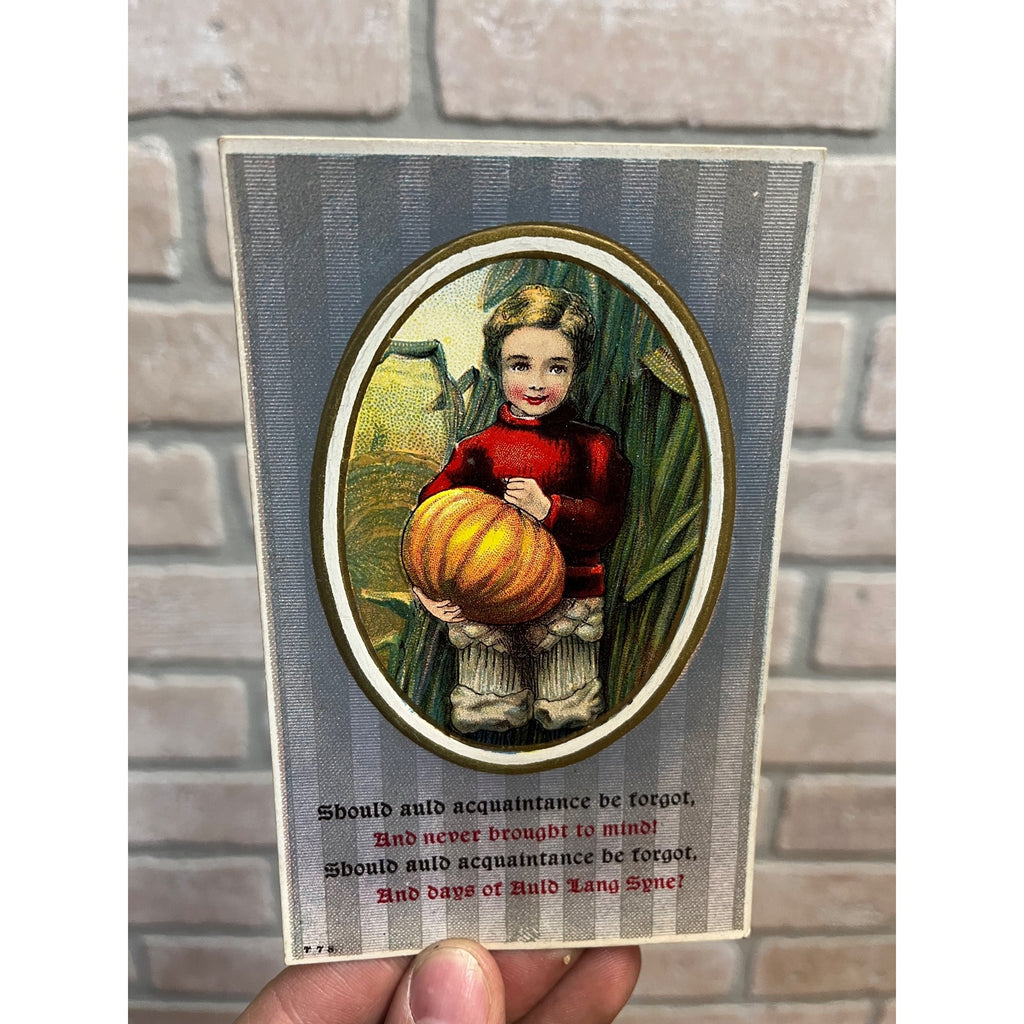 Vintage Boy w/ Pumpkin Auld Lang Syne Halloween Autumn Fall Postcard