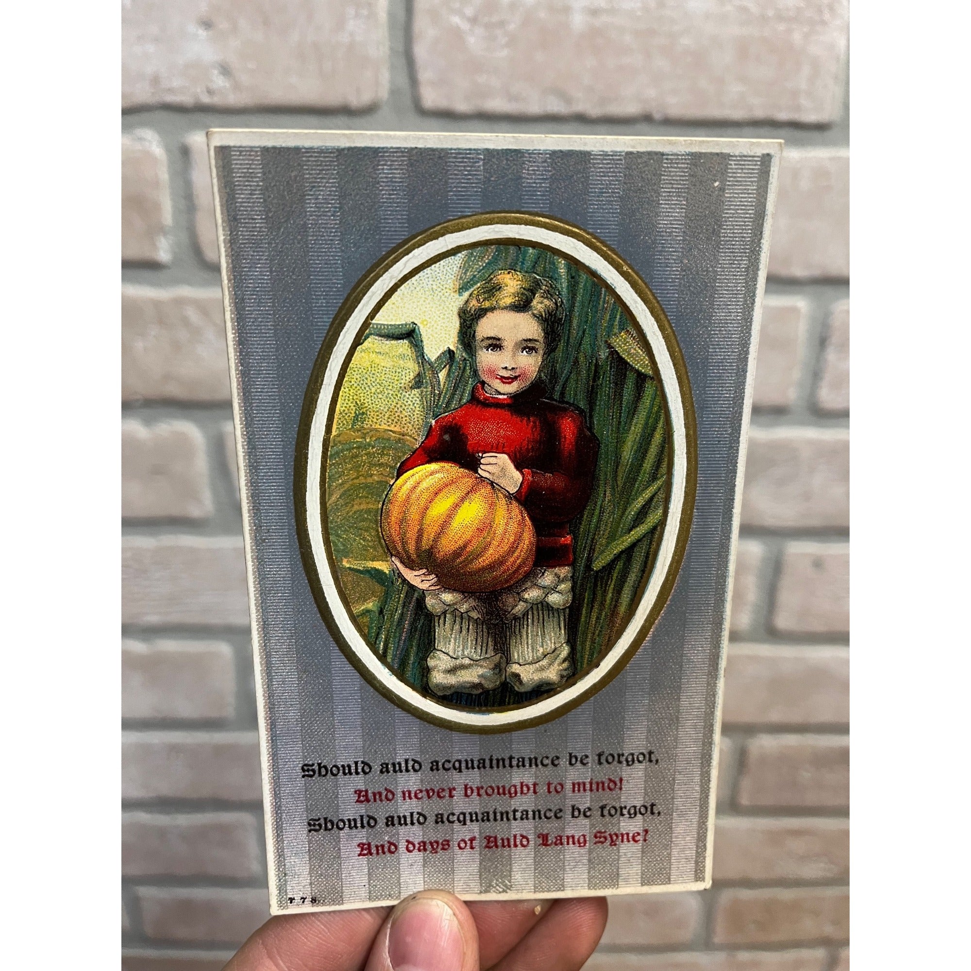 Vintage Boy w/ Pumpkin Auld Lang Syne Halloween Autumn Fall Postcard