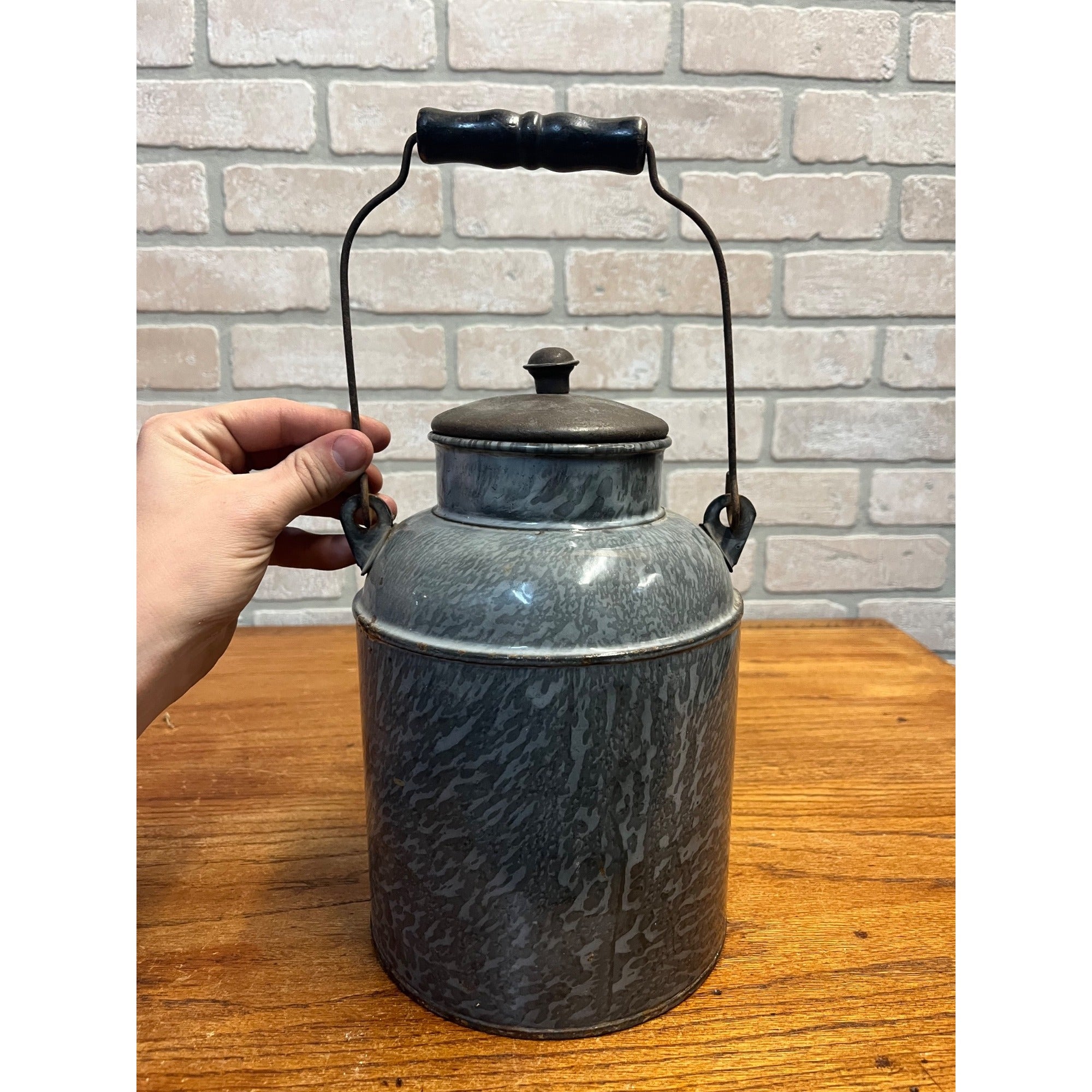 Antique Primitive Grey Graniteware Enamelware Cream Milk Can Pail Farmhouse Kitchen Decor