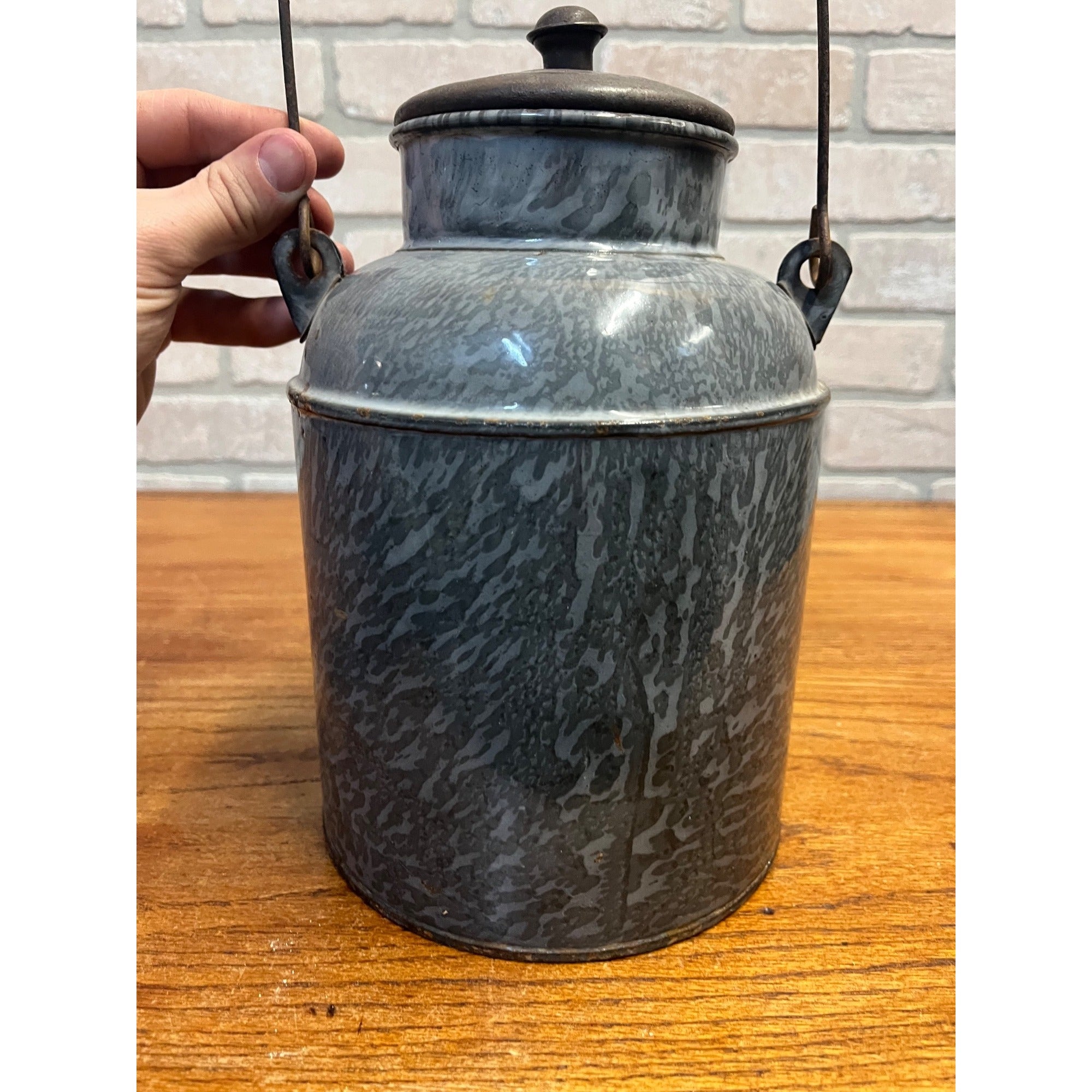 Antique Primitive Grey Graniteware Enamelware Cream Milk Can Pail Farmhouse Kitchen Decor