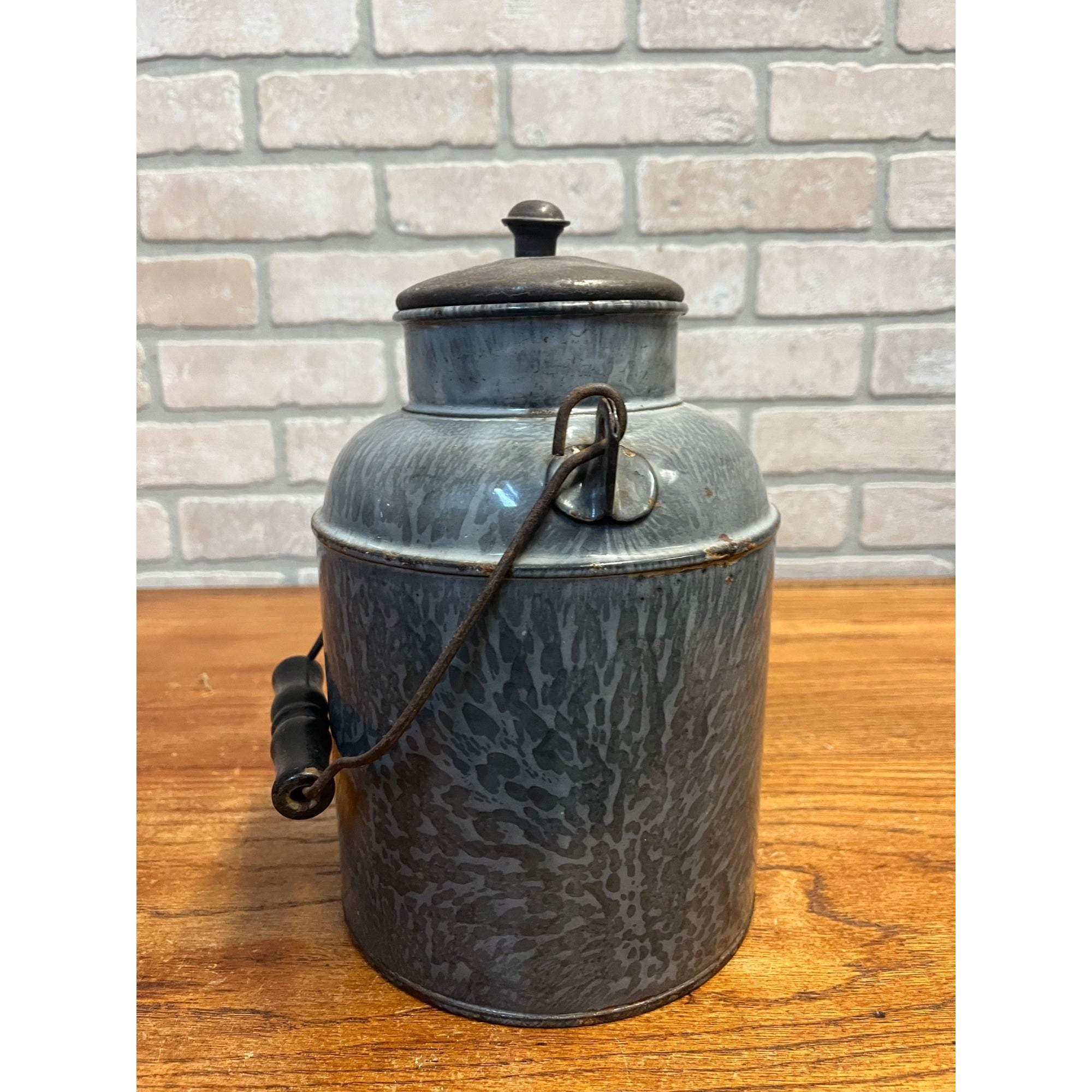 Antique Primitive Grey Graniteware Enamelware Cream Milk Can Pail Farmhouse Kitchen Decor