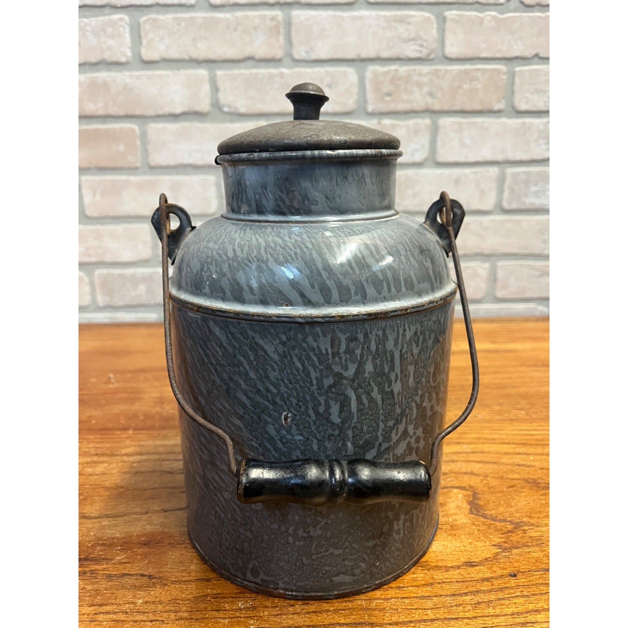 Antique Primitive Grey Graniteware Enamelware Cream Milk Can Pail Farmhouse Kitchen Decor