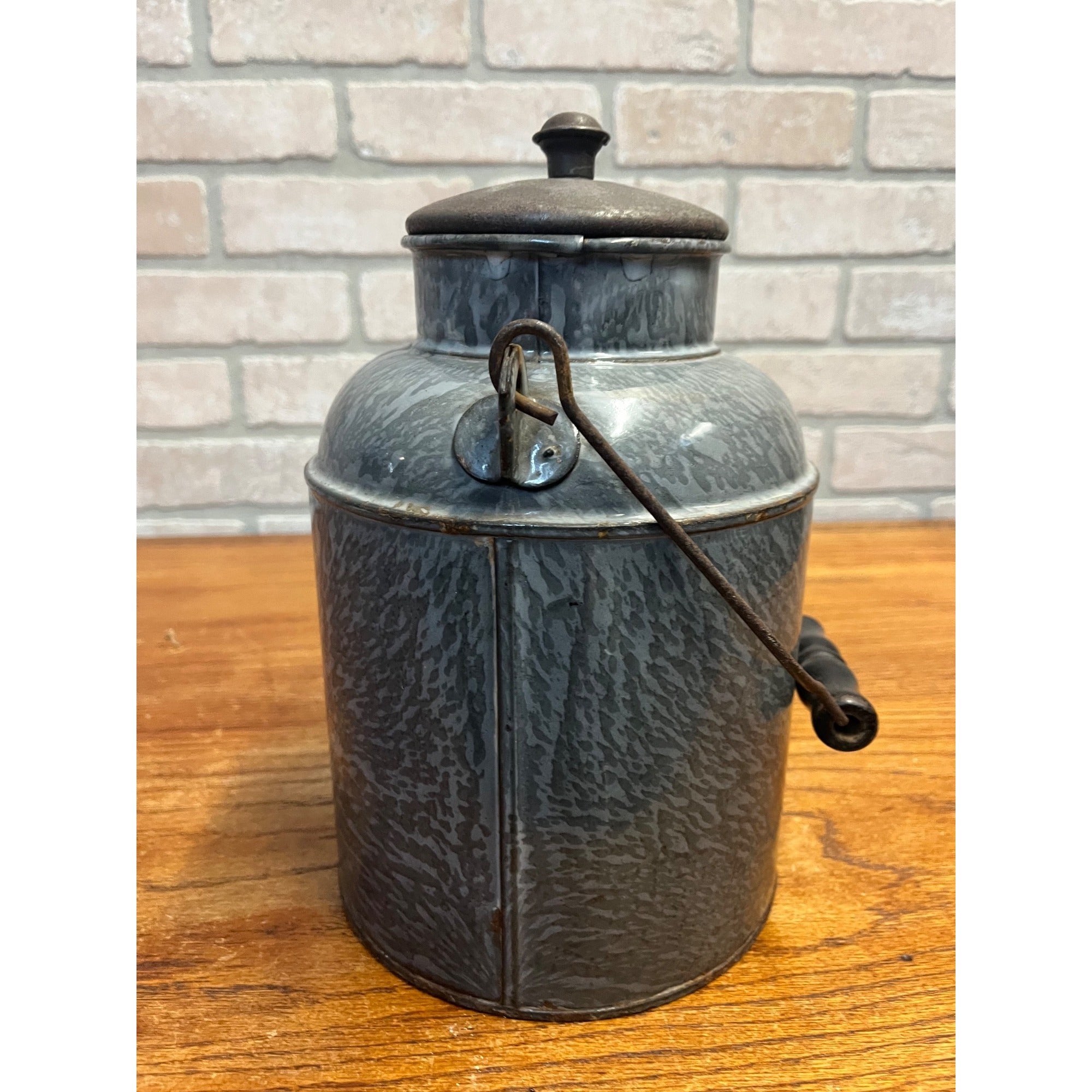 Antique Primitive Grey Graniteware Enamelware Cream Milk Can Pail Farmhouse Kitchen Decor