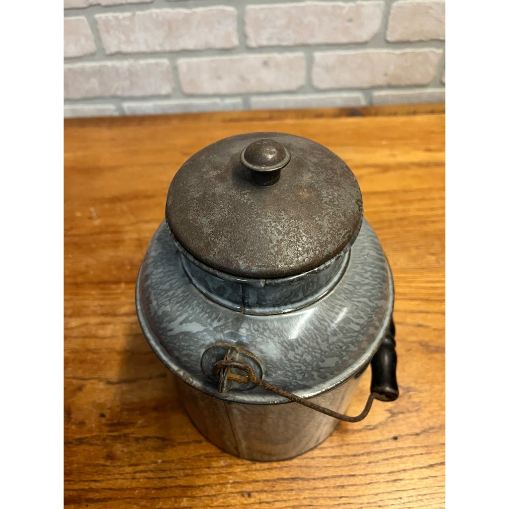 Antique Primitive Grey Graniteware Enamelware Cream Milk Can Pail Farmhouse Kitchen Decor
