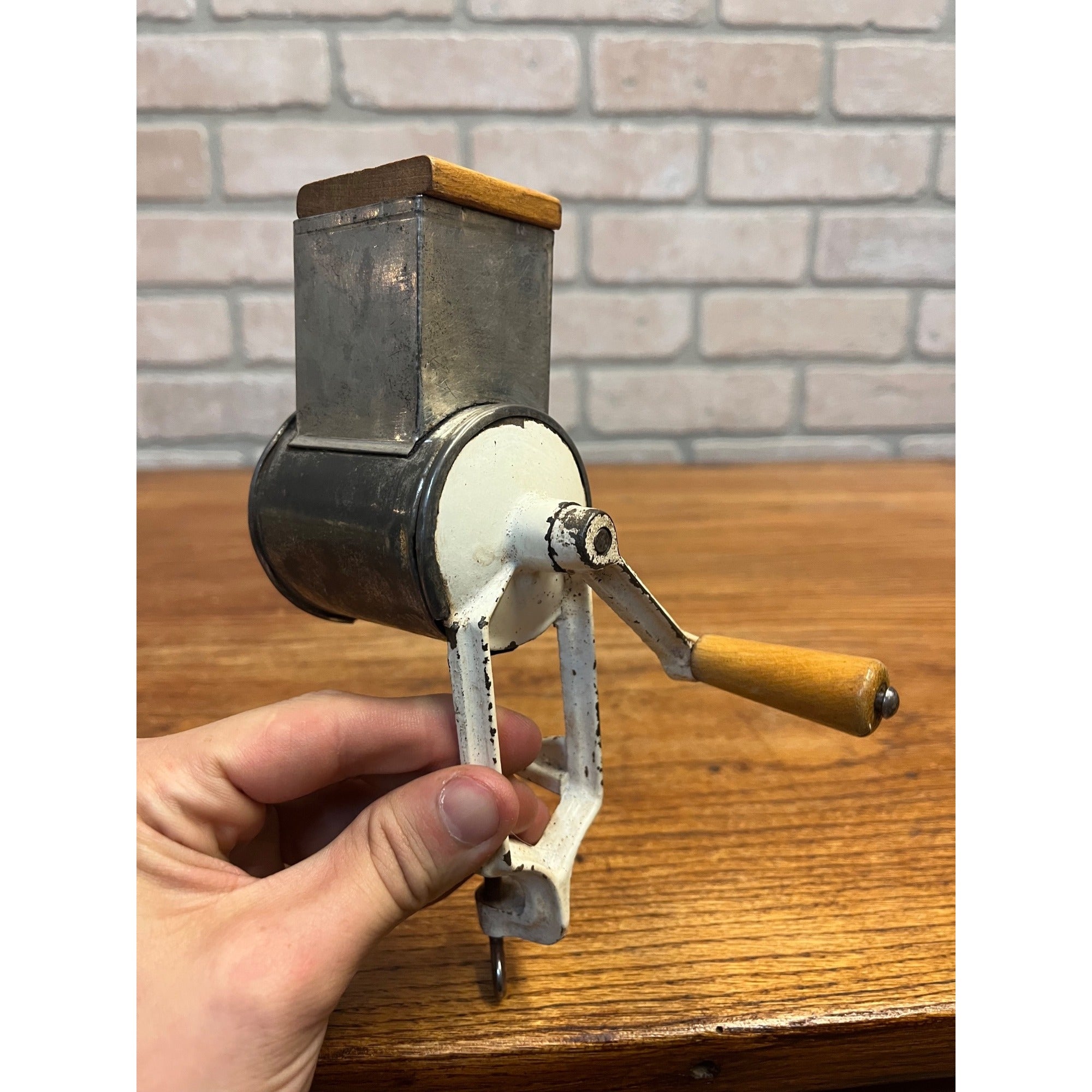 Vintage White-Painted Metal Kitchen Grater With Natural Wood Handle and Table Clamp Primitive Kitchen Decor
