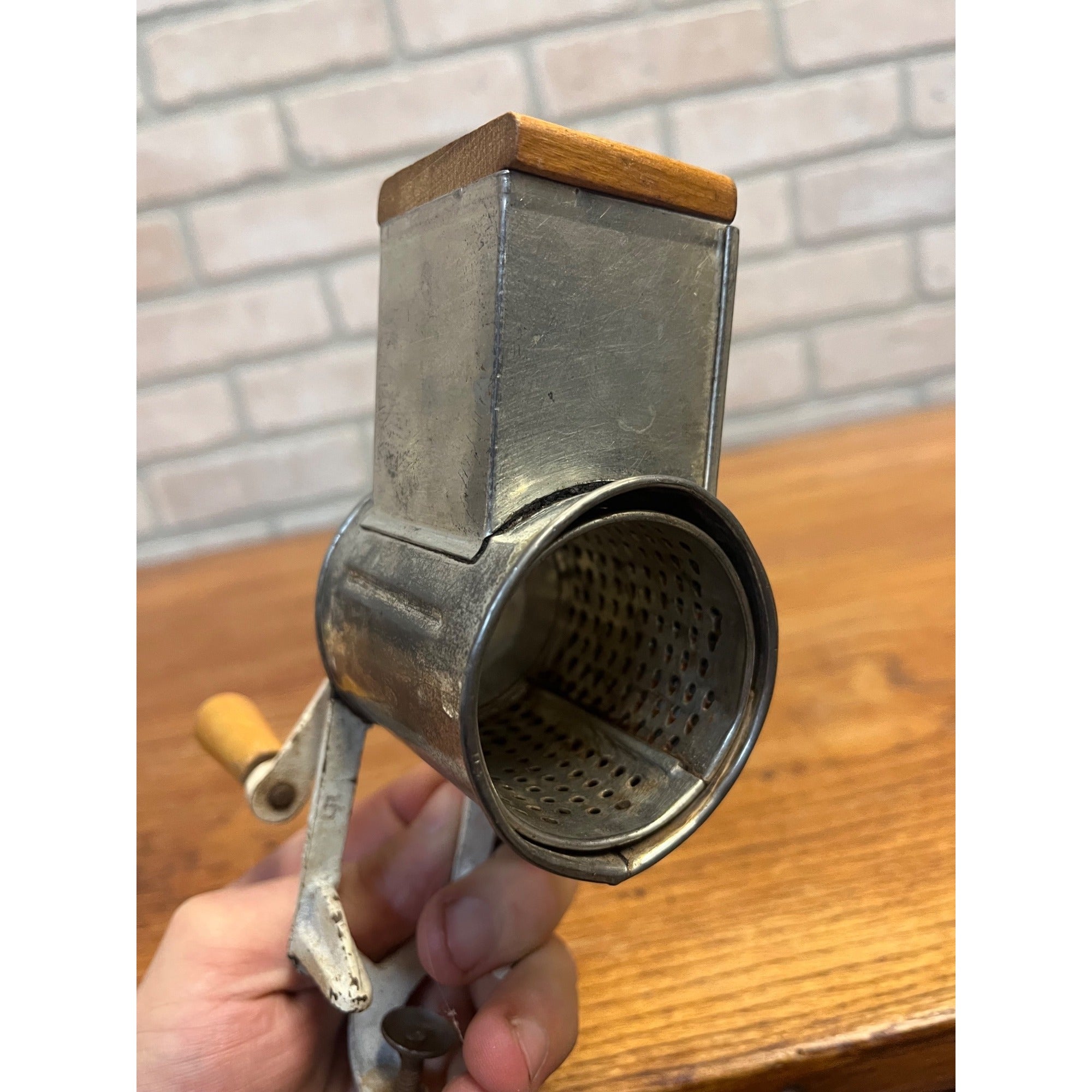 Vintage White-Painted Metal Kitchen Grater With Natural Wood Handle and Table Clamp Primitive Kitchen Decor