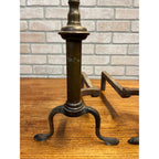 Antique Brass & Wrought Iron Fireplace Andirons Firedogs Victorian Colonial Pair