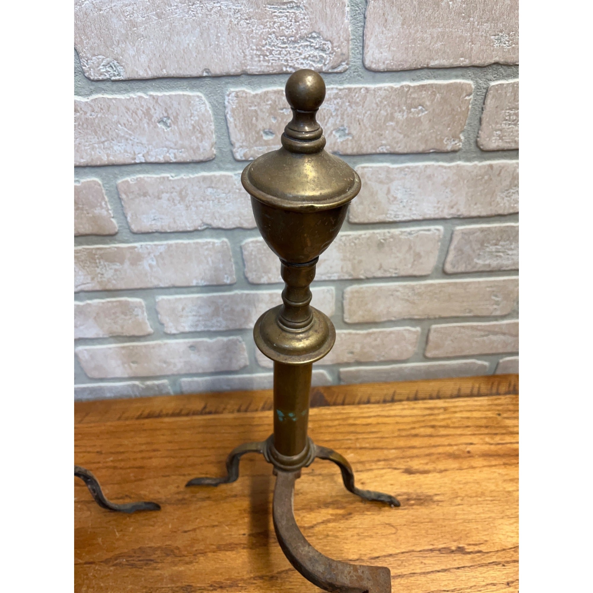 Antique Brass & Wrought Iron Fireplace Andirons Firedogs Victorian Colonial Pair