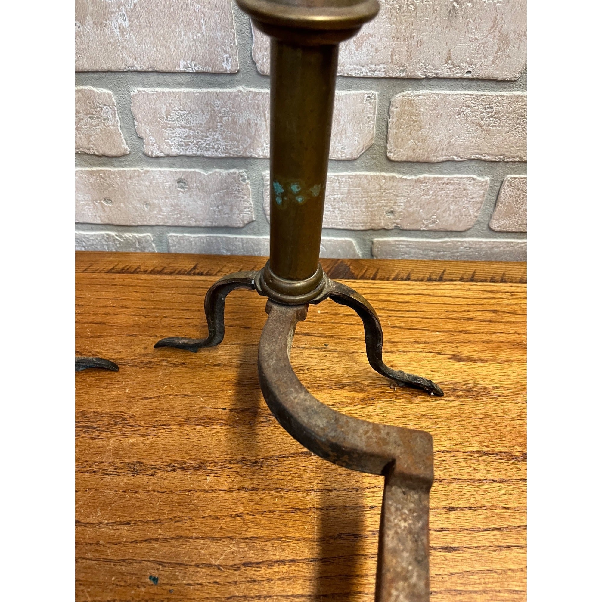 Antique Brass & Wrought Iron Fireplace Andirons Firedogs Victorian Colonial Pair