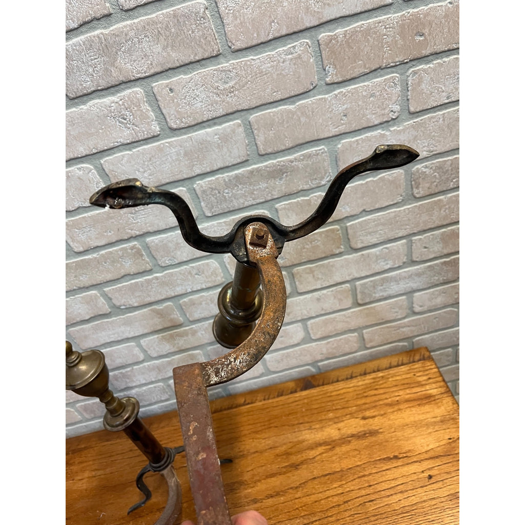 Antique Brass & Wrought Iron Fireplace Andirons Firedogs Victorian Colonial Pair