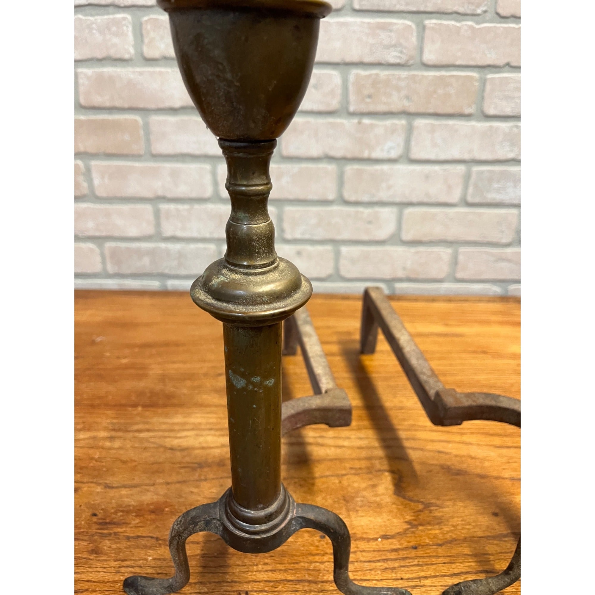 Antique Brass & Wrought Iron Fireplace Andirons Firedogs Victorian Colonial Pair