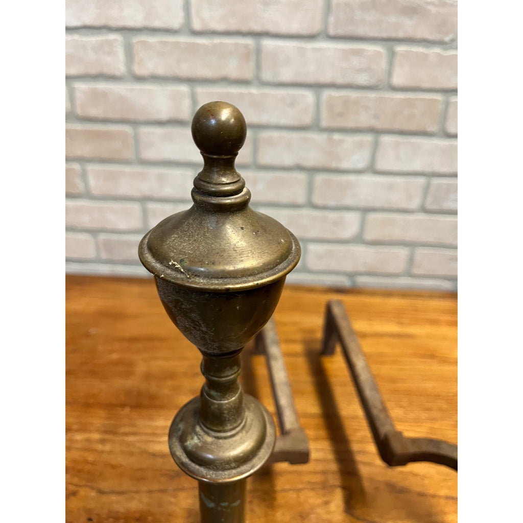 Antique Brass & Wrought Iron Fireplace Andirons Firedogs Victorian Colonial Pair