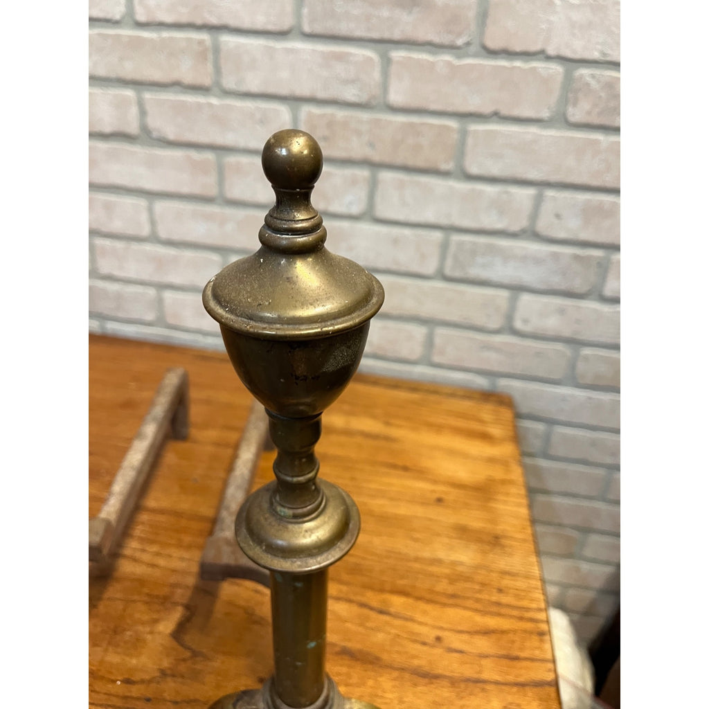 Antique Brass & Wrought Iron Fireplace Andirons Firedogs Victorian Colonial Pair