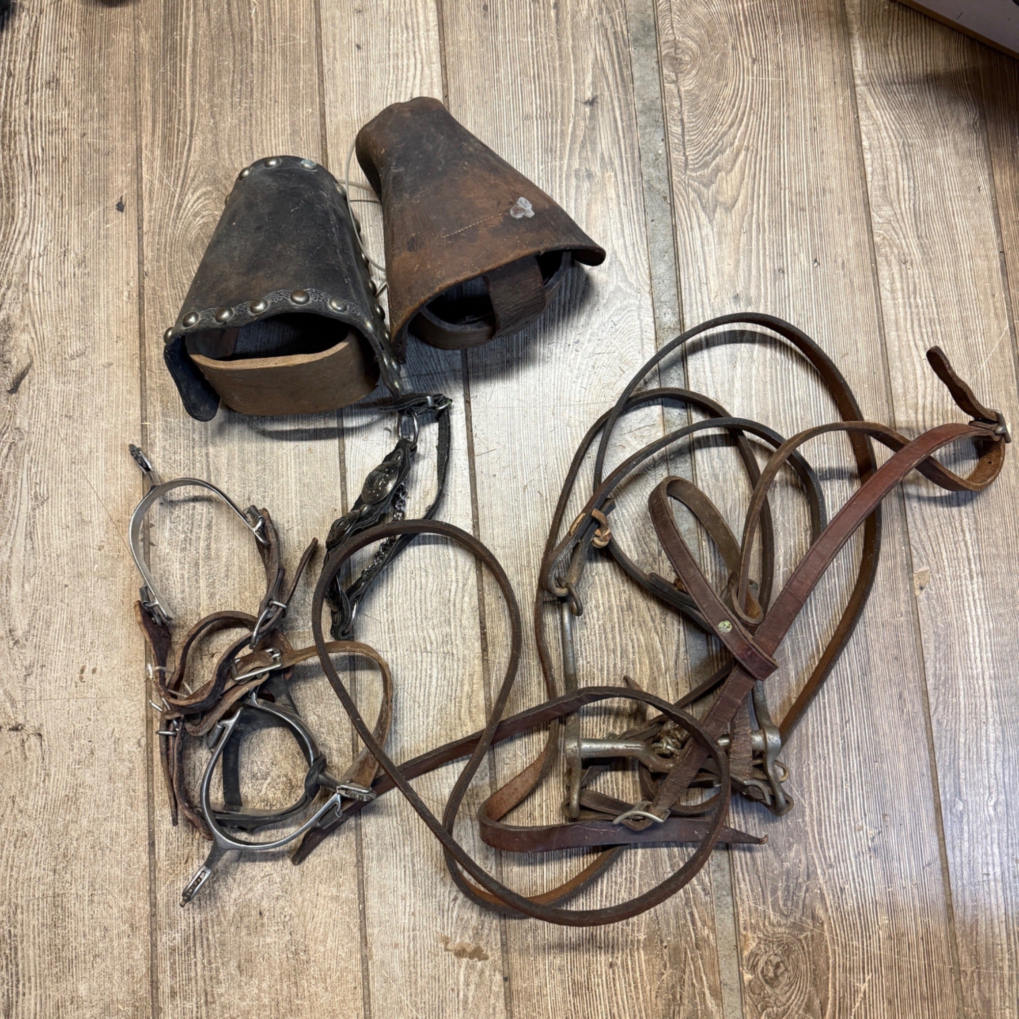 Vintage Lot of Horse Equestrian Leather Straps Harness Stirrups Spurs Decor