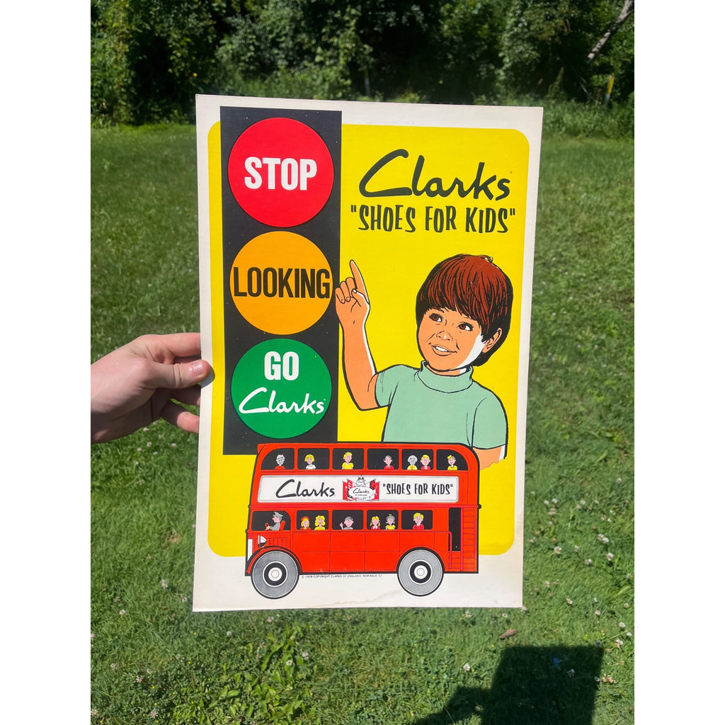 Vintage Clarks Shoes Advertising Cardstock Sign Kids School Bus