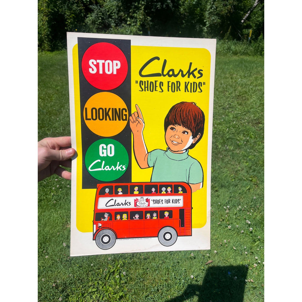 Vintage Clarks Shoes Advertising Cardstock Sign Kids School Bus