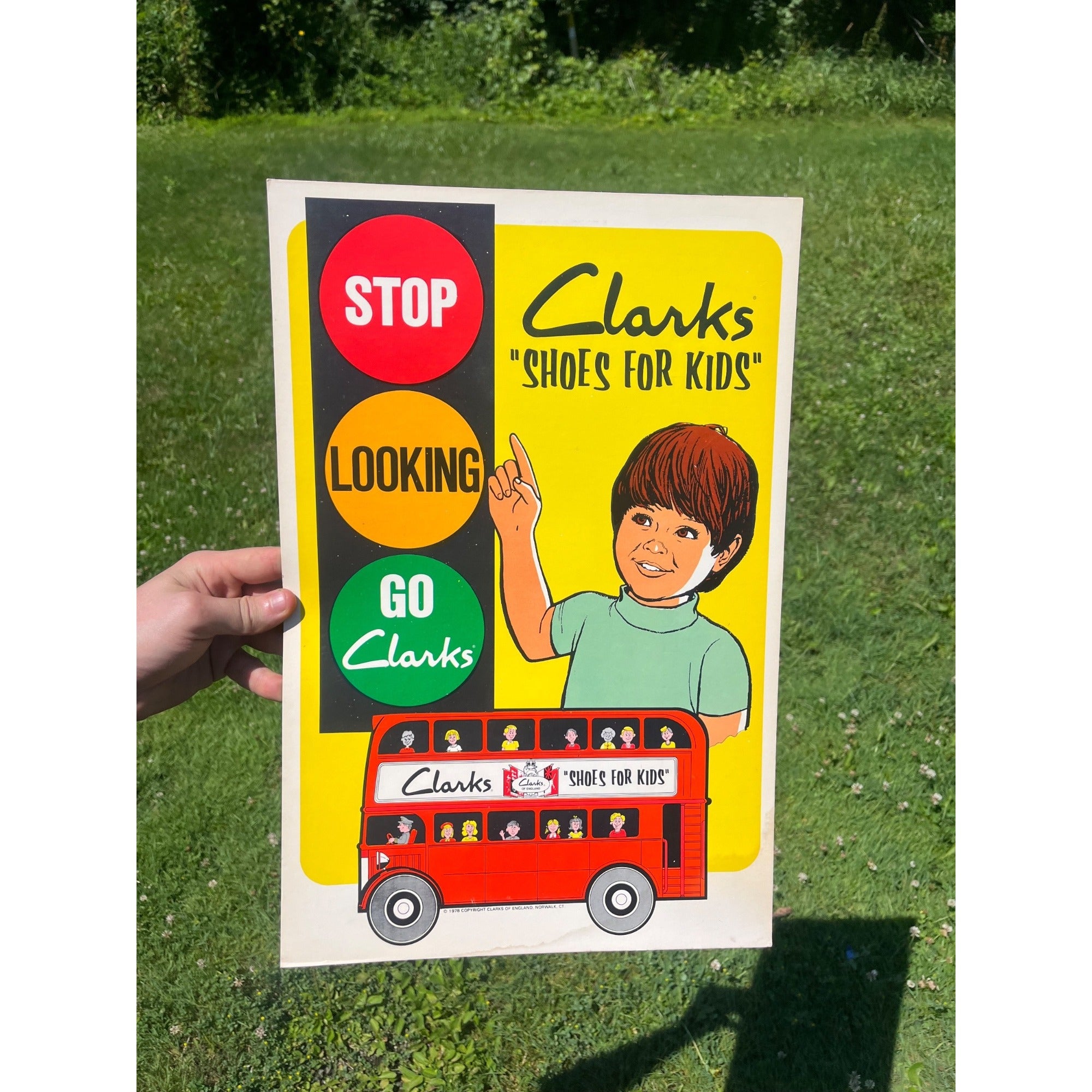 Vintage Clarks Shoes Advertising Cardstock Sign Kids School Bus