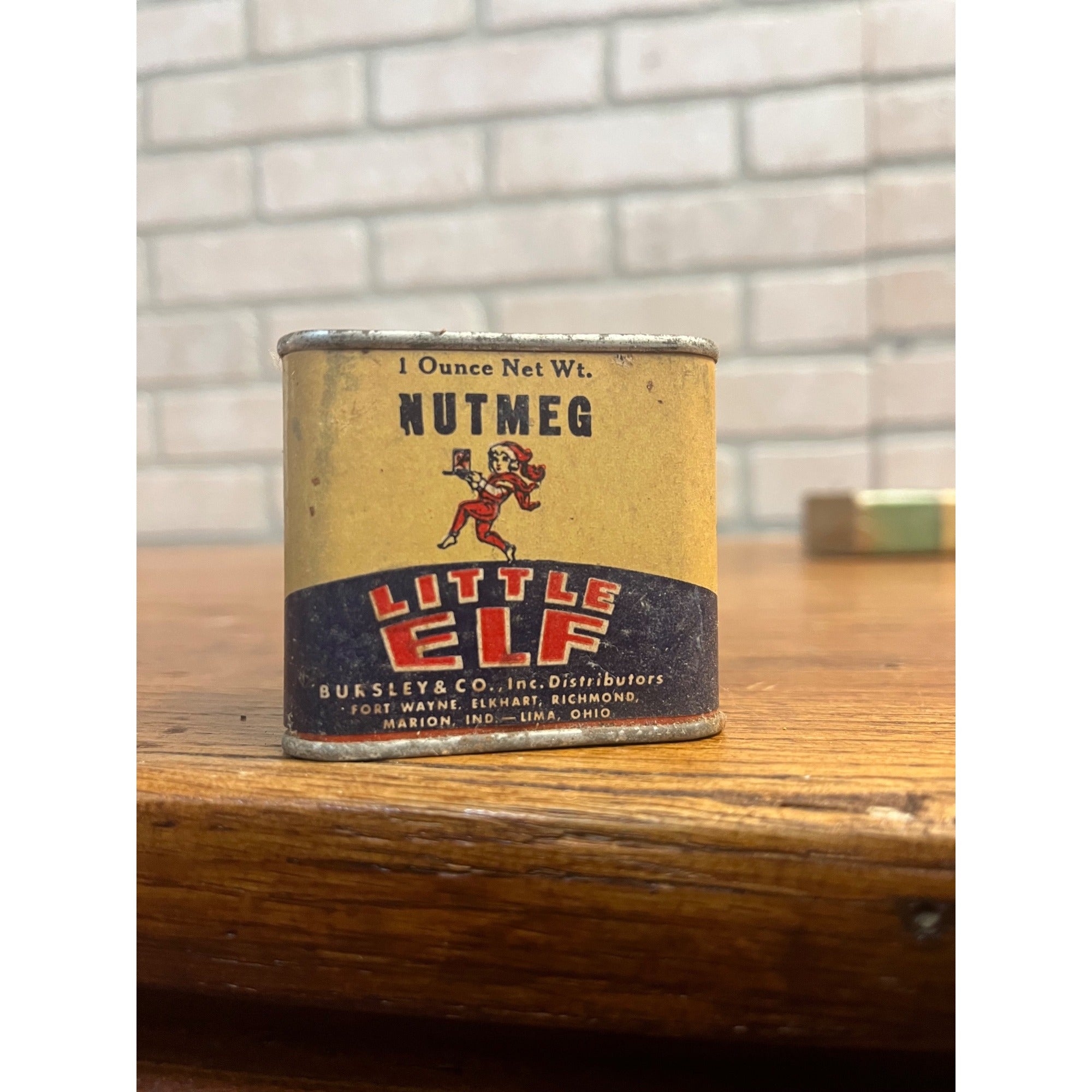 Vintage Little Elf Nutmeg Bursley & Co Indiana Ohio Spice Tin Kitchen Decor