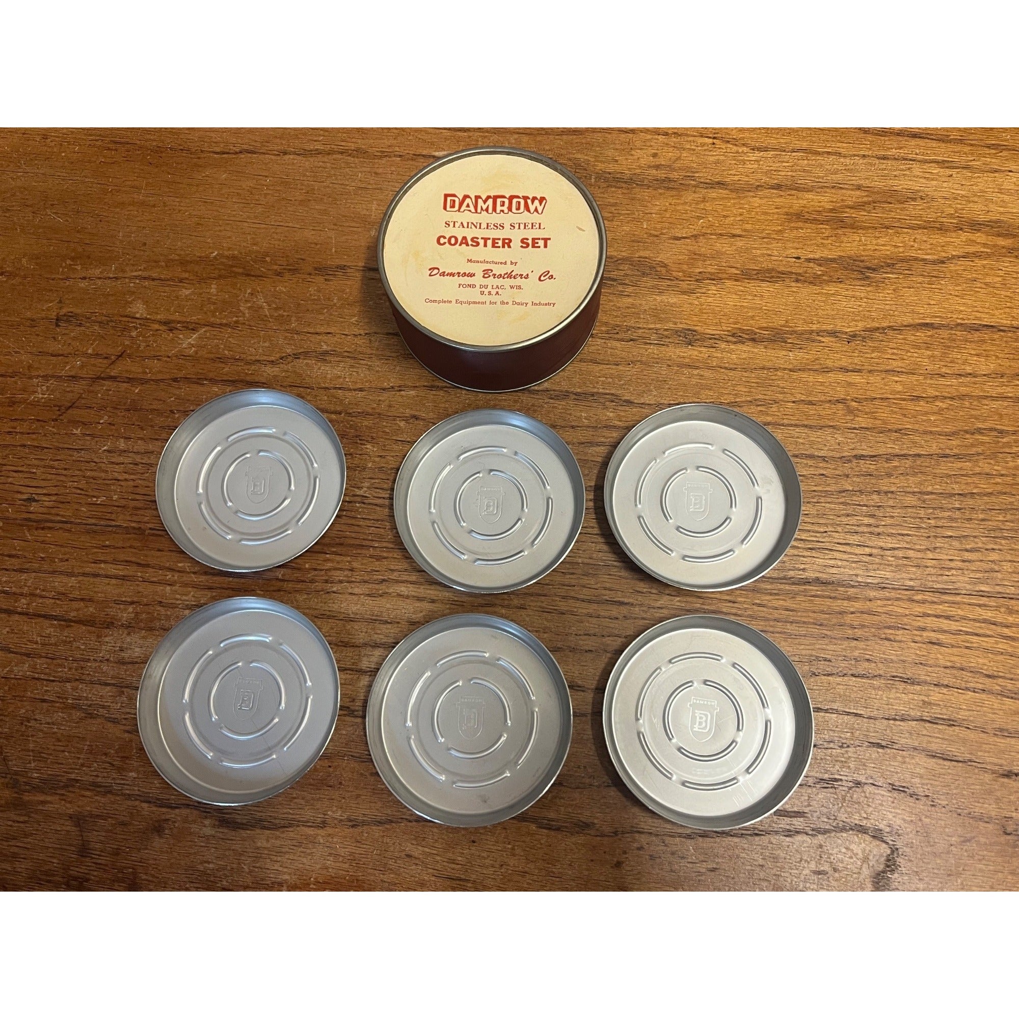 Vintage Damrow Fond du Lac WI Stainless Steel Coasters Set (6) Dairy Advertising