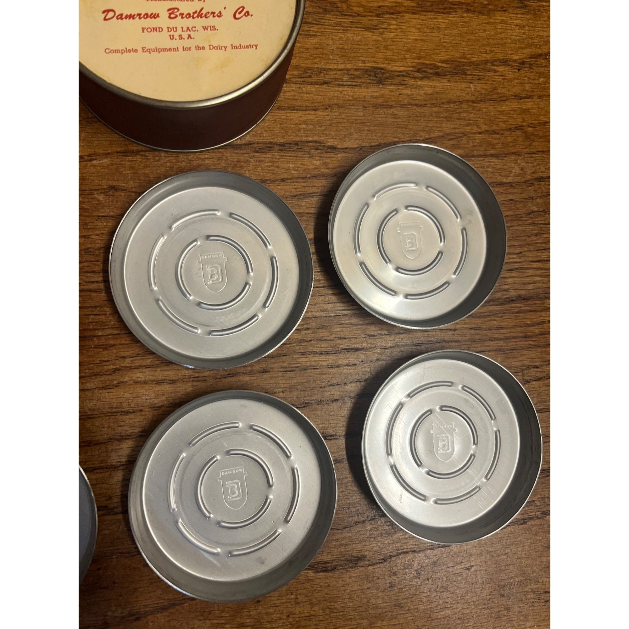 Vintage Damrow Fond du Lac WI Stainless Steel Coasters Set (6) Dairy Advertising