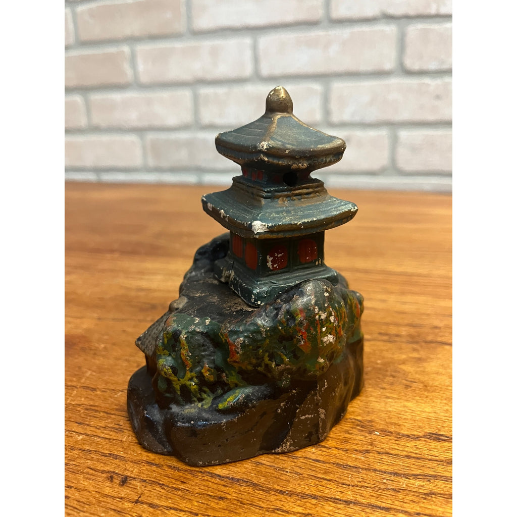 Vintage 1950s Bisque or Chalkware Pagoda Temple on Mountain Incense Burner