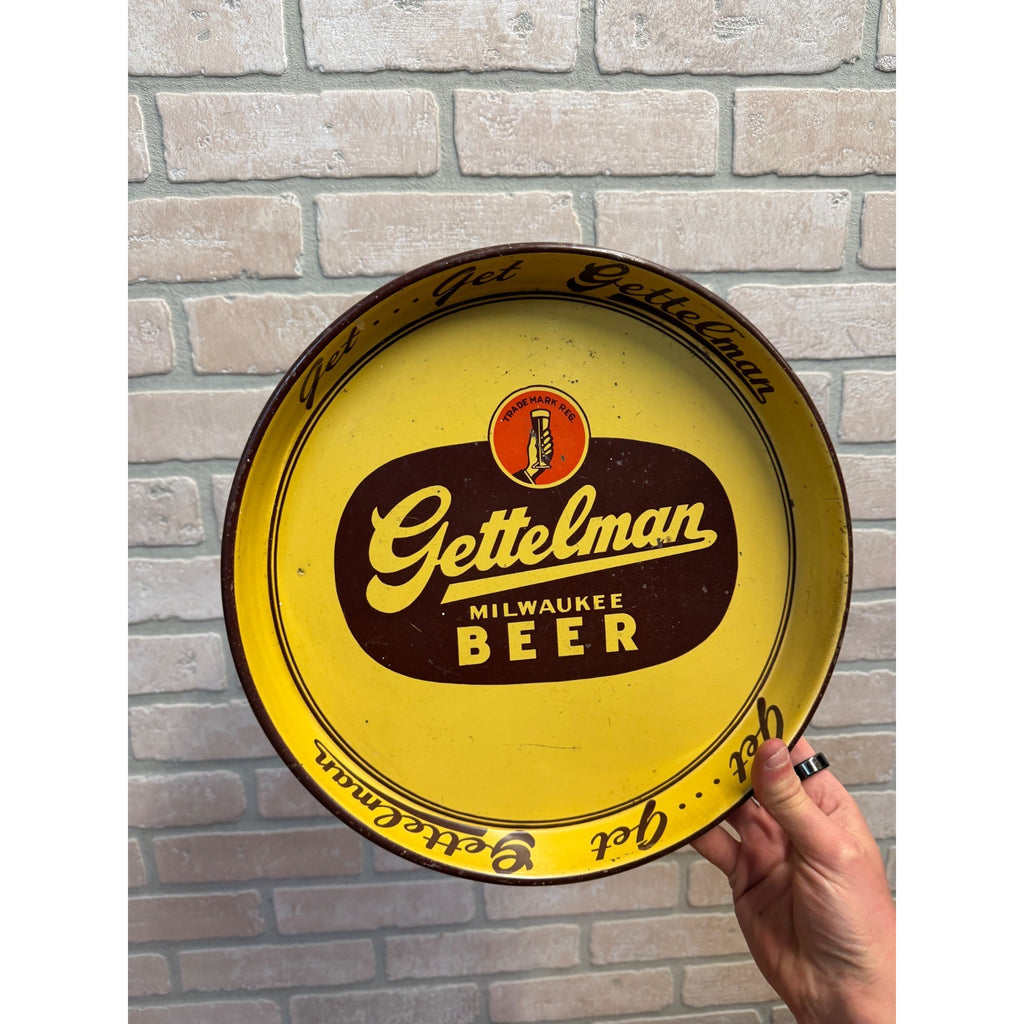 Vintage Gettelman Beer Tray Yellow Round 1940s Milwaukee  Wis Bar Get Get Gettelman