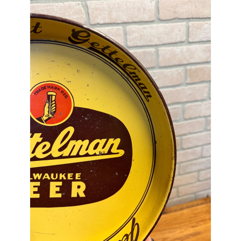 Vintage Gettelman Beer Tray Yellow Round 1940s Milwaukee  Wis Bar Get Get Gettelman