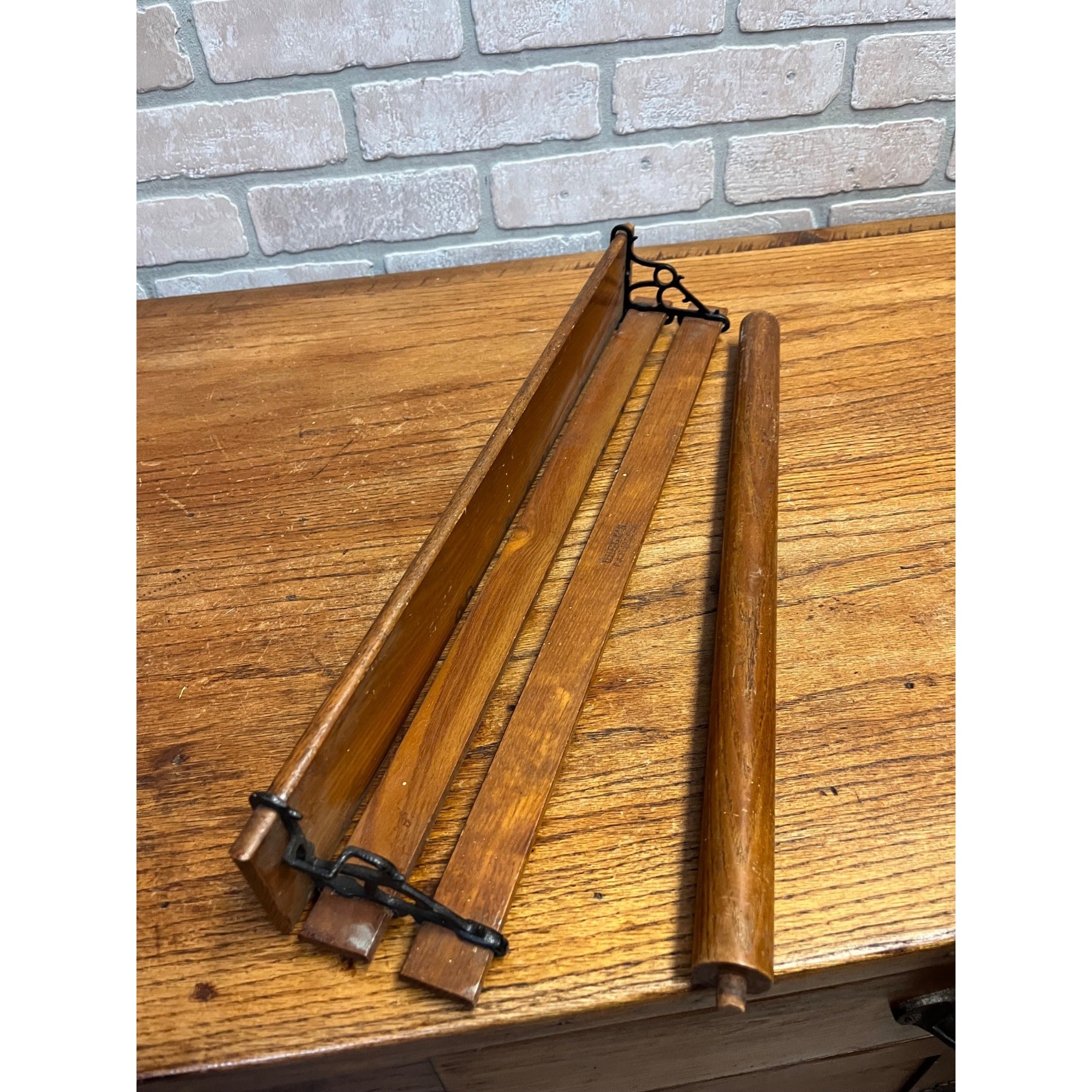 Antique Primitive Wooden Textile Ribbon or Towel Drying Kitchen Shelf Rack Wall