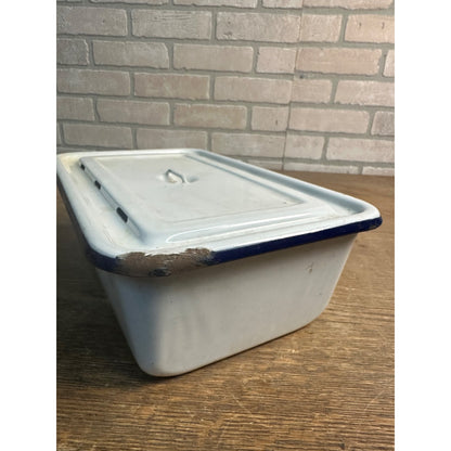 Vintage White& Blue Trim Enamelware Pan w/Cover Refrigerator Container