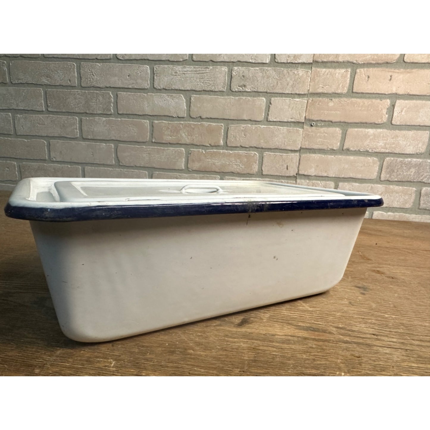 Vintage White& Blue Trim Enamelware Pan w/Cover Refrigerator Container