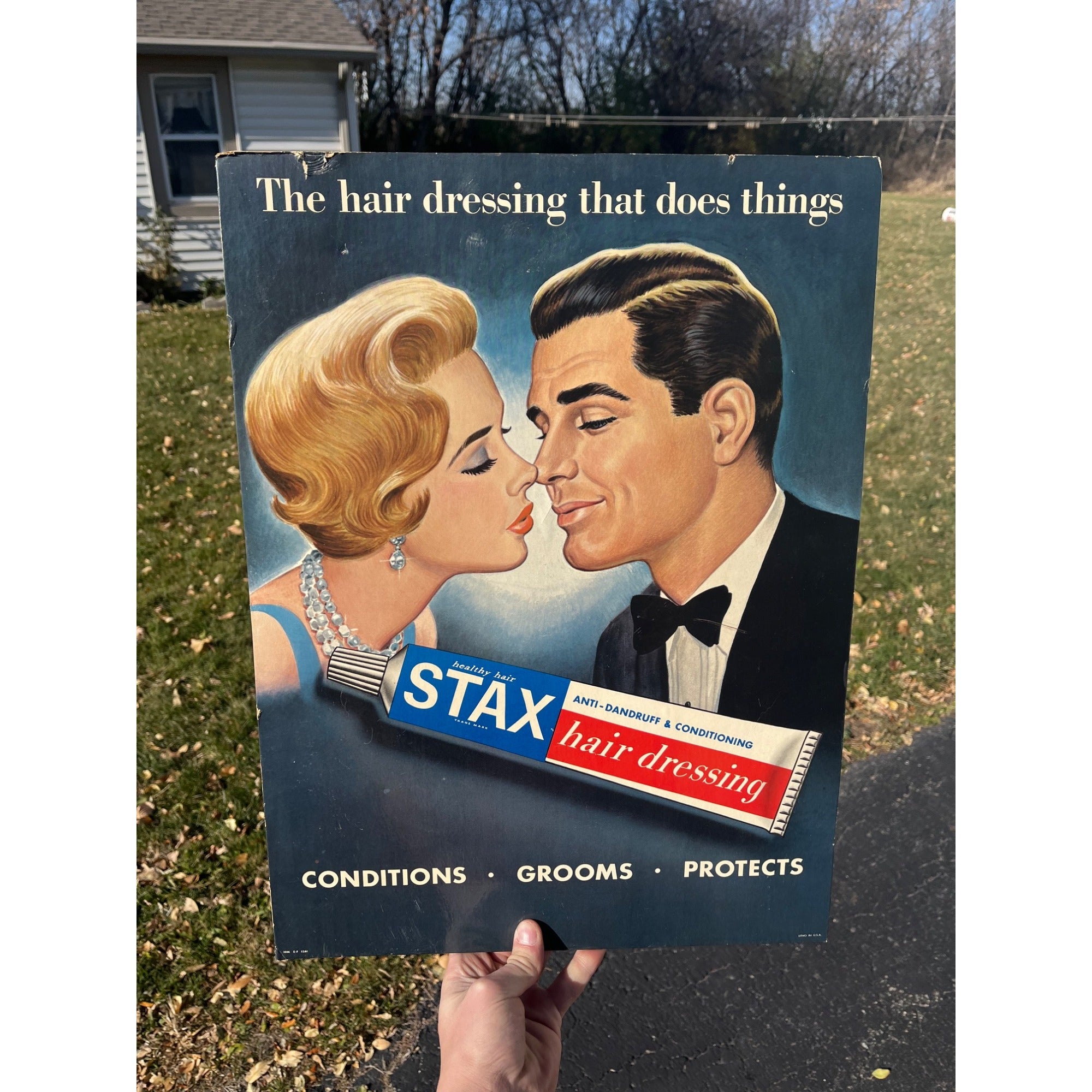 Vintage 1950s Stax Hair Dressing Cardboard Advertising Sign Barber Shop Display