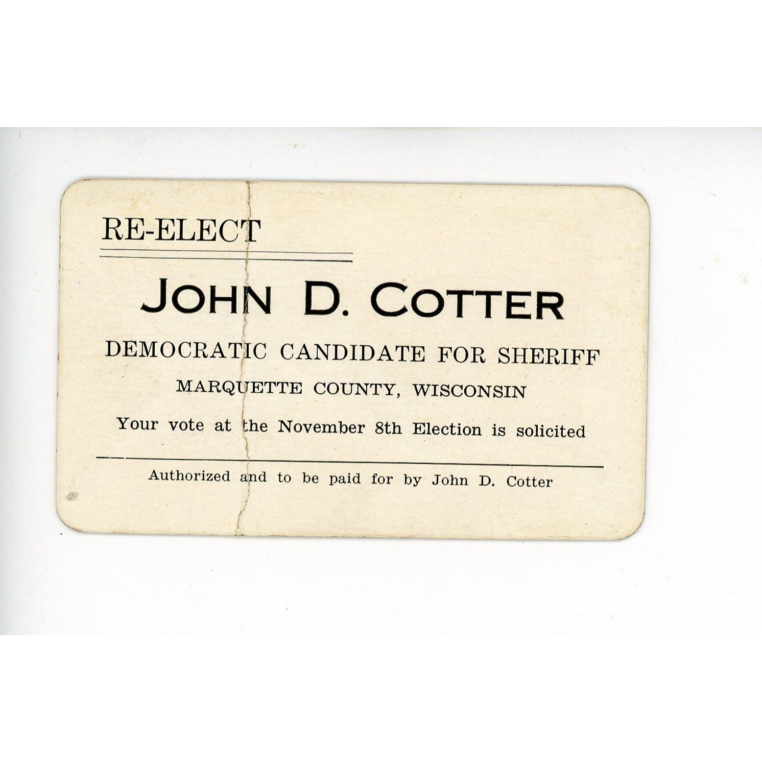 Antique John D Cotter Wisconsin Sheriff Democratic Marquette Call Card Business