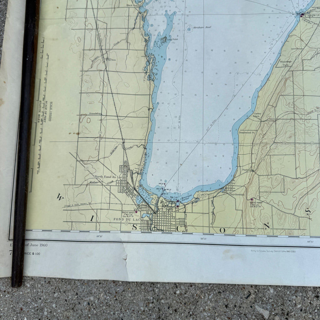 1960 Nautical Map of Lake Winnebago & Fox River Fishing Fond du Lac Wisconsin