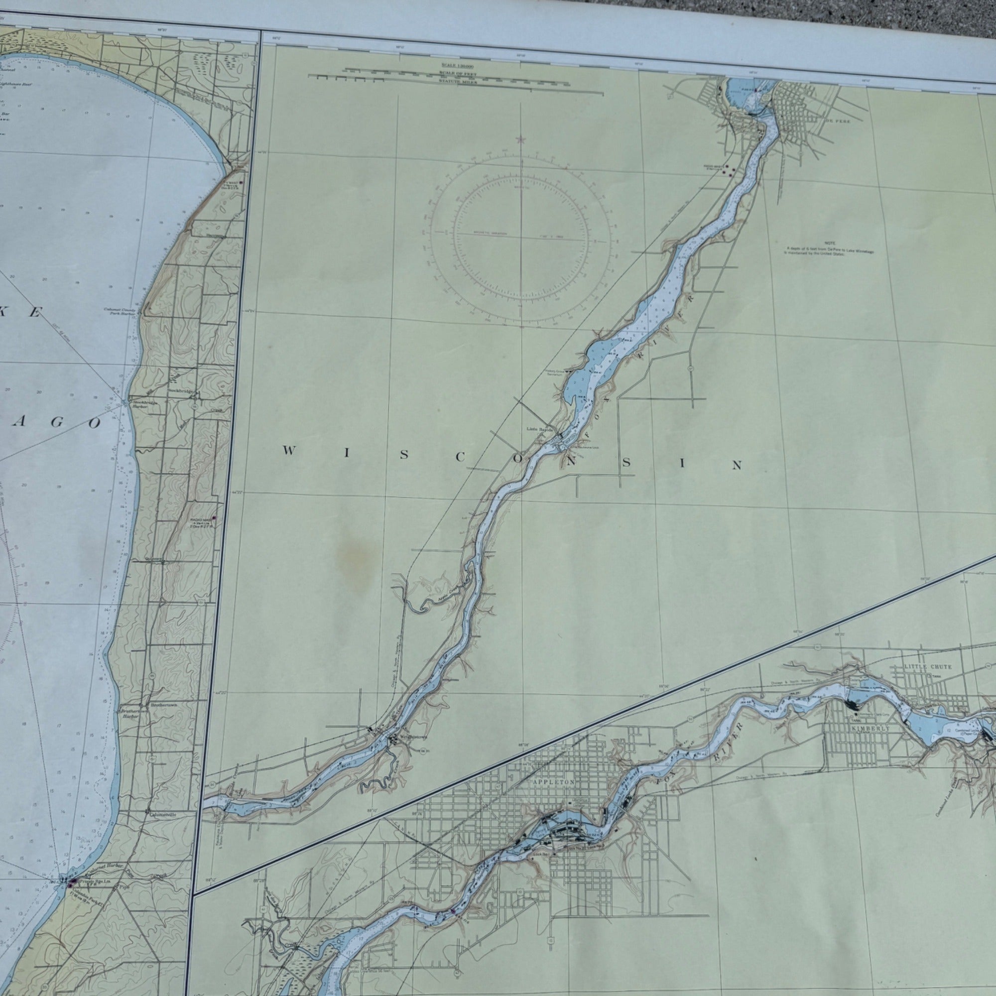 1960 Nautical Map of Lake Winnebago & Fox River Fishing Fond du Lac Wisconsin