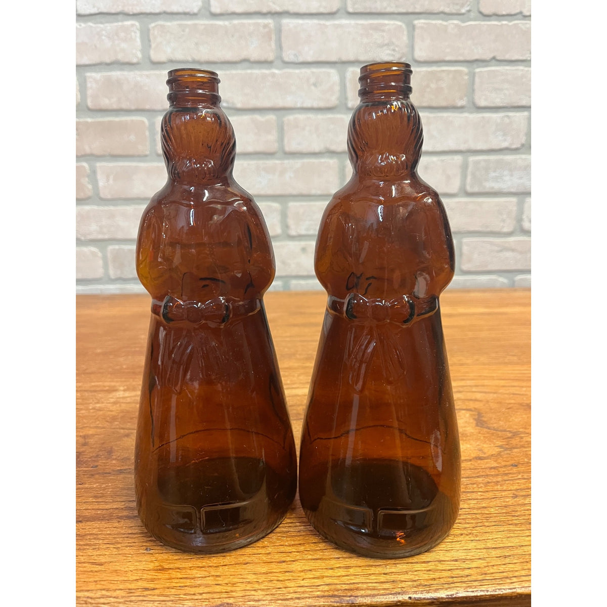 Vintage Mrs Buttersworth Maple Syrup Amber Glass Bottles Lot (2) 10"