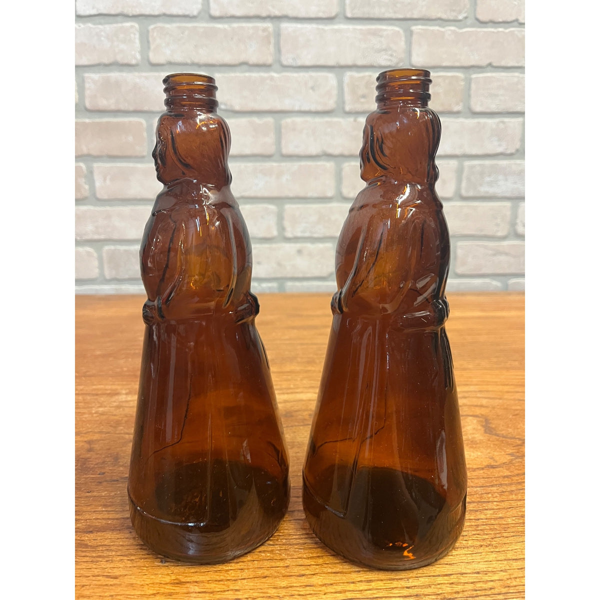 Vintage Mrs Buttersworth Maple Syrup Amber Glass Bottles Lot (2) 10"