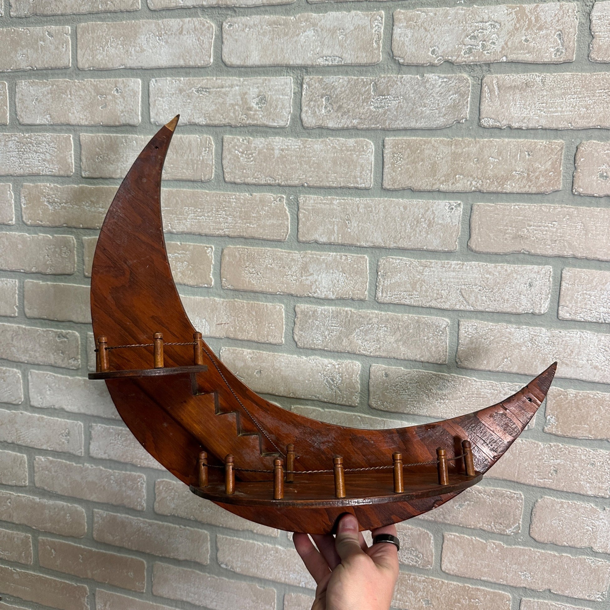 Vintage Unique Folk Art Oak Wall Shelf Crescent Moon
