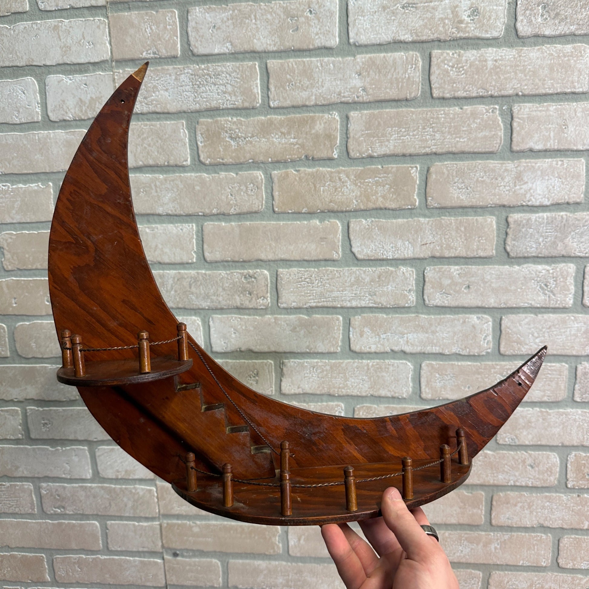 Vintage Unique Folk Art Oak Wall Shelf Crescent Moon