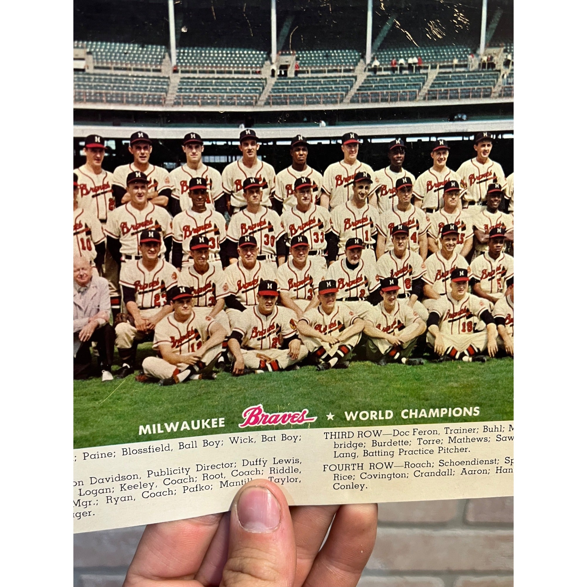 1957 Milwaukee Braves Team Photo, Color Jumbo Postcard Rare Hank Aaron Champions