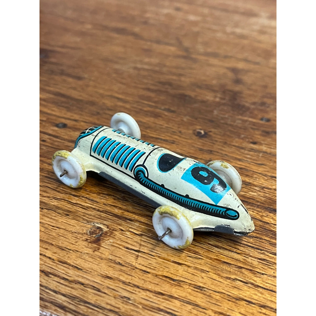 Vintage 1940s Biller Penny Toy Tin Litho Race Car Blue & White Germany