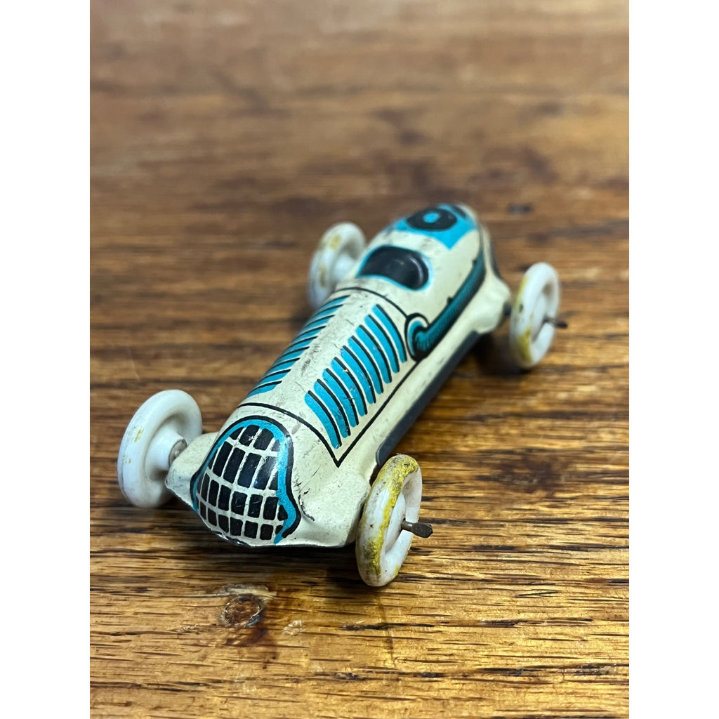 Vintage 1940s Biller Penny Toy Tin Litho Race Car Blue & White Germany