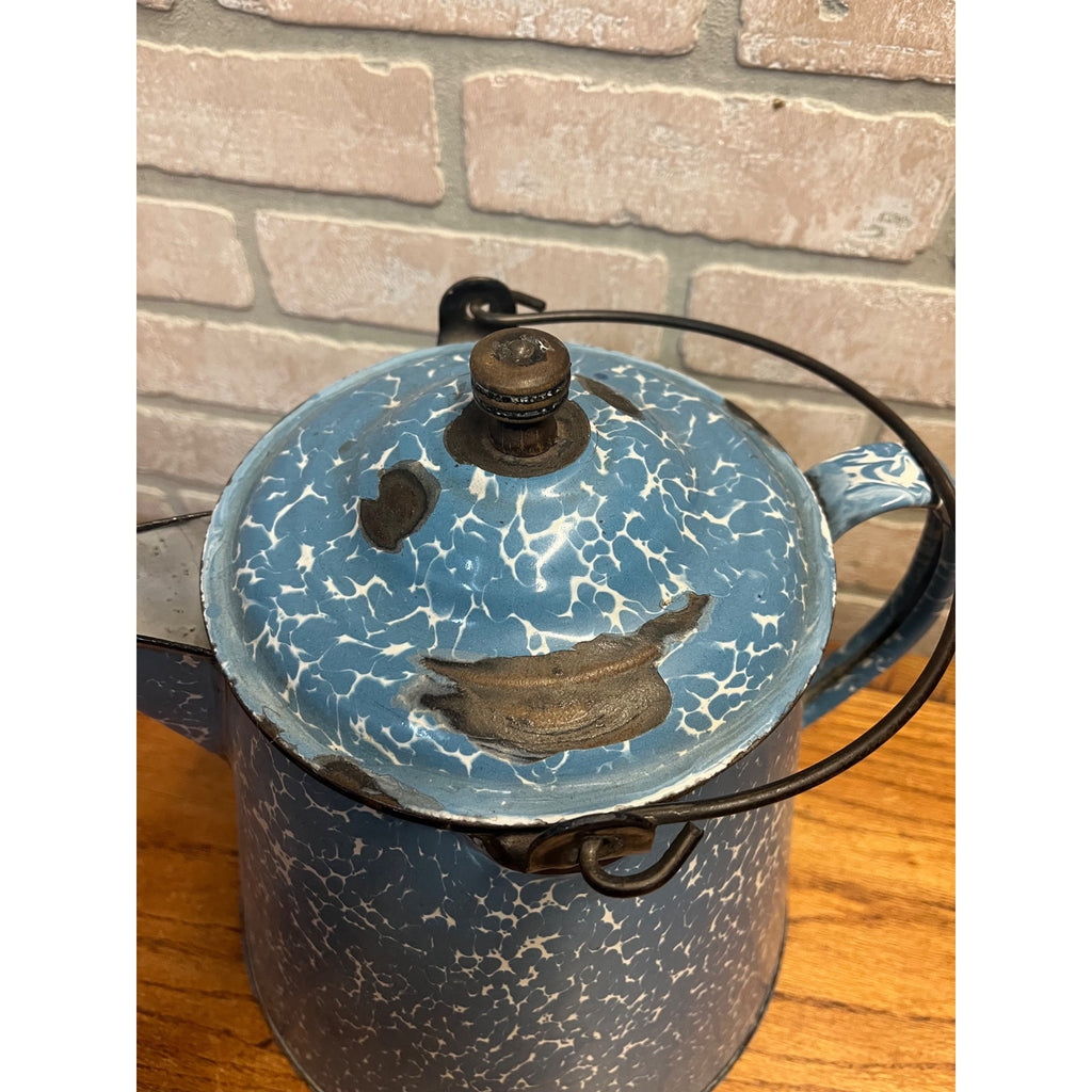 Antique Blue Swirl Enamelware Cowboy Pitcher Coffee Pot Primitive Kitchen