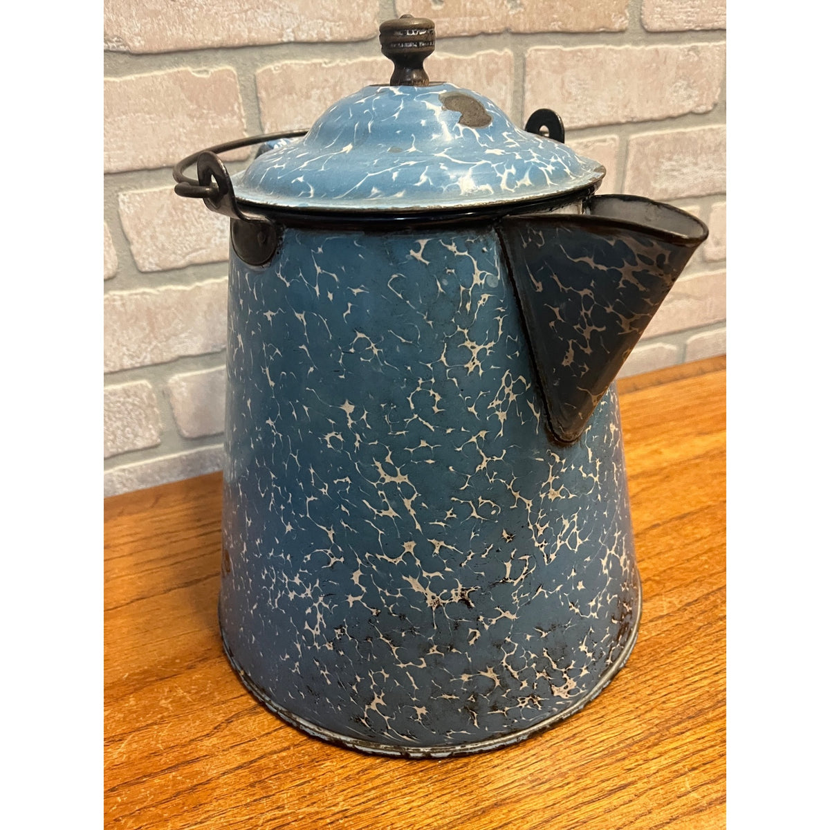 Antique Blue Swirl Enamelware Cowboy Pitcher Coffee Pot Primitive Kitchen