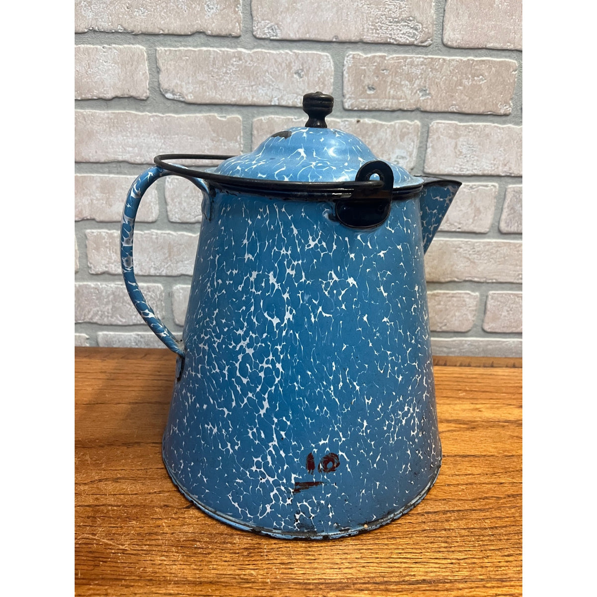 Antique Blue Swirl Enamelware Cowboy Pitcher Coffee Pot Primitive Kitchen
