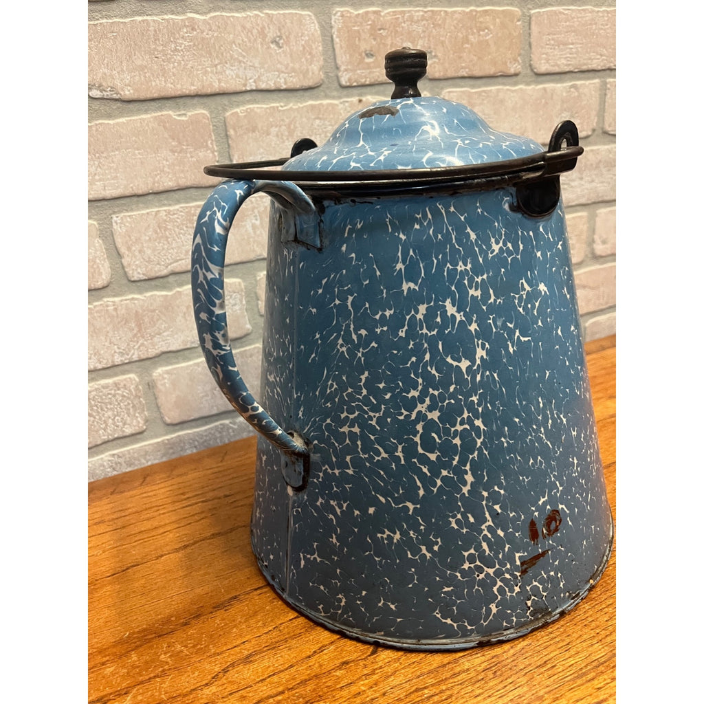 Antique Blue Swirl Enamelware Cowboy Pitcher Coffee Pot Primitive Kitchen