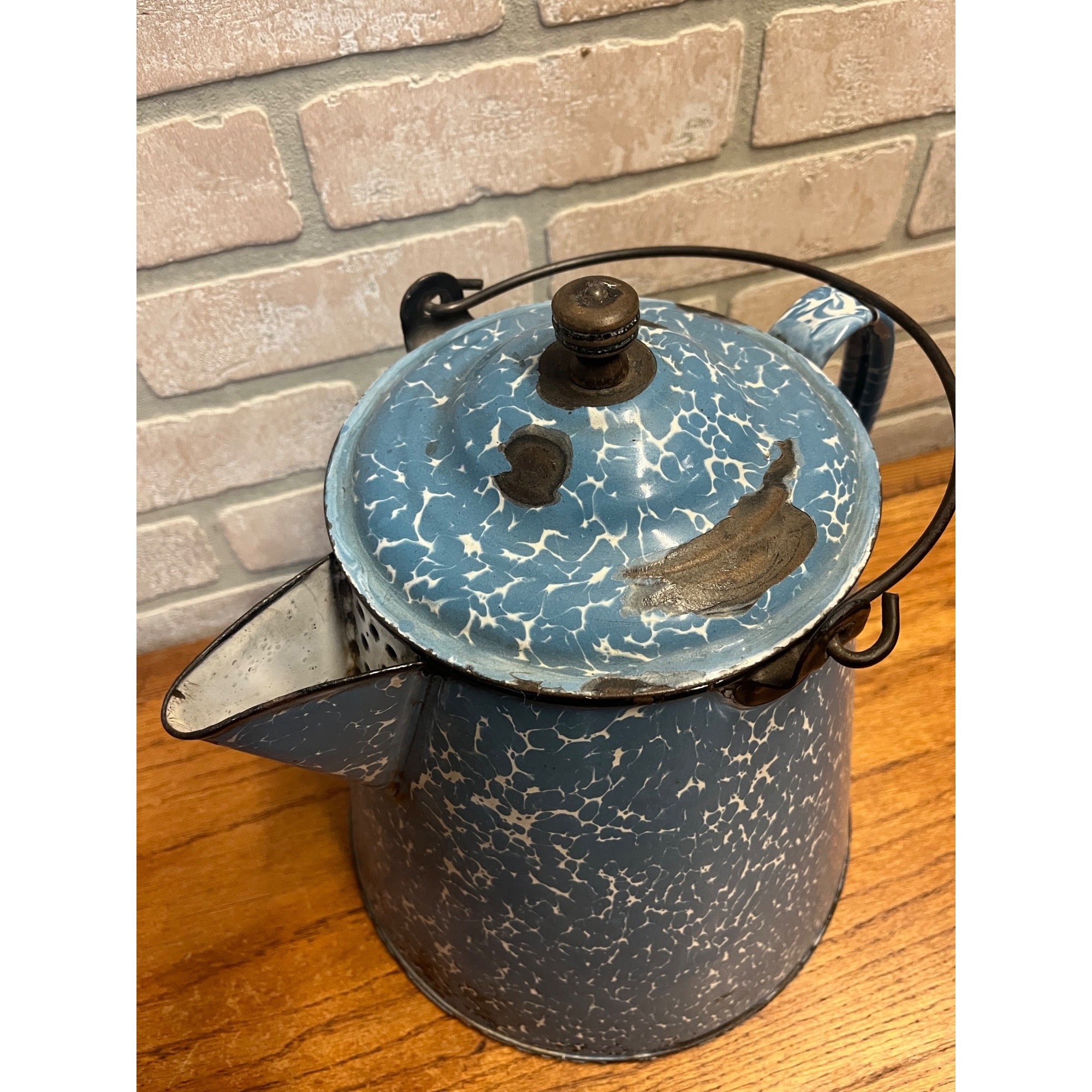 Antique Blue Swirl Enamelware Cowboy Pitcher Coffee Pot Primitive Kitchen