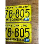 Vintage 1983 Wisconsin Yellow Black Embossed Metal License Plates Dairyland Pair