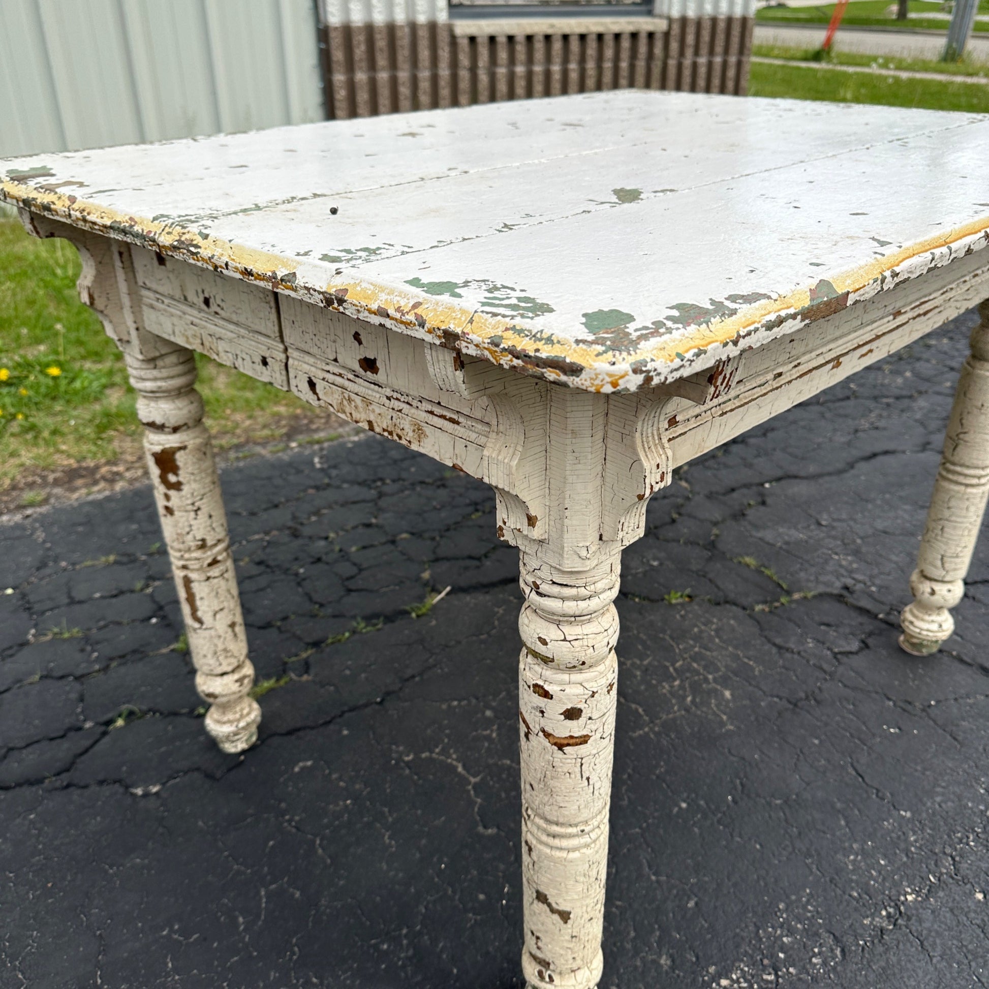 Antique Primitive Chippy White Oak Wooden Kitchen Dining Table Shabby Chic