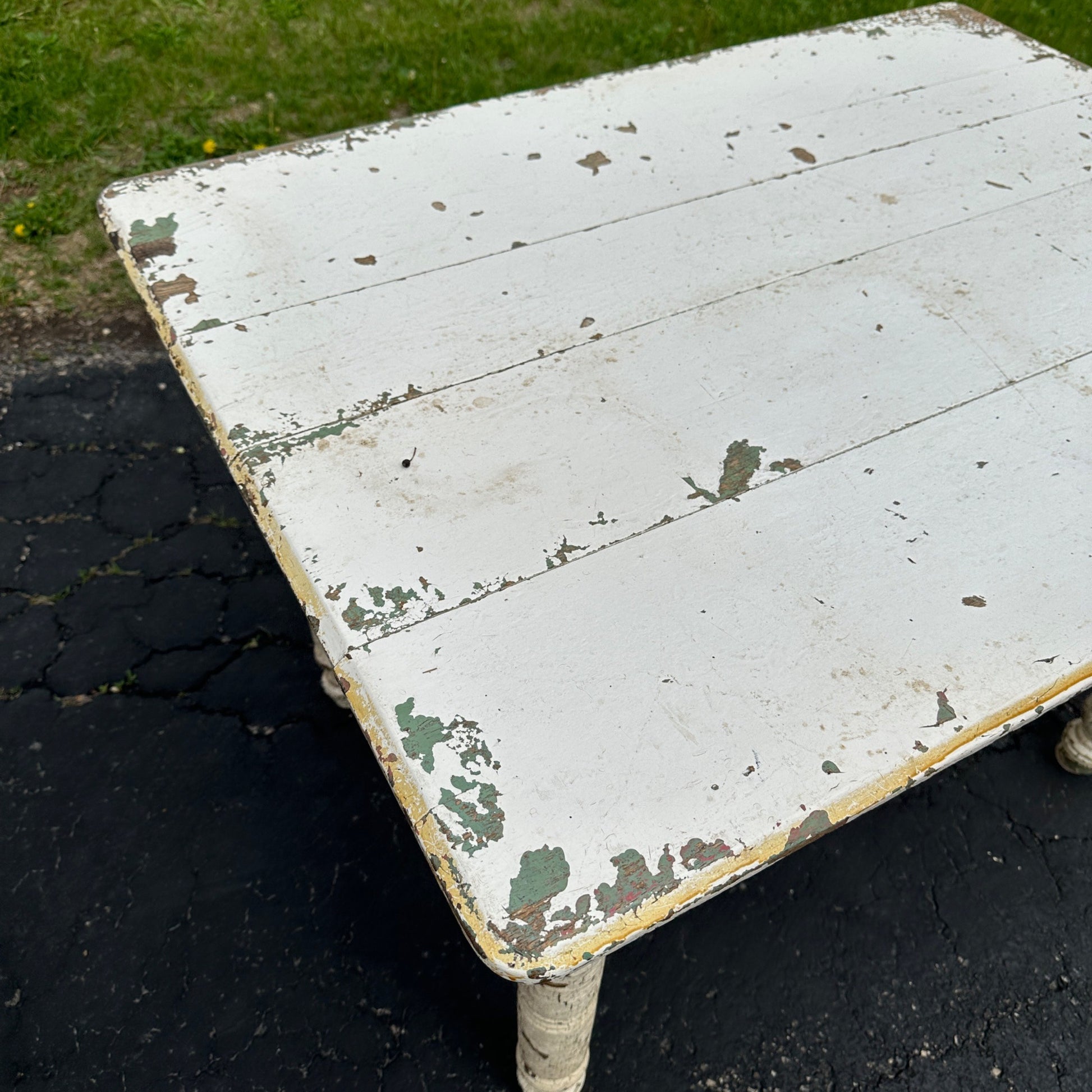 Antique Primitive Chippy White Oak Wooden Kitchen Dining Table Shabby Chic